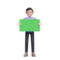 Illustration de personnage 3d homme décontracté tenant une bannière verte avec les deux mains devant son corps