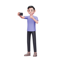 Illustration de personnage 3d homme excité posant prendre un selfie par téléphone portable, filmer une vidéo pour le contenu des médias sociaux avec un pouce vers le haut png