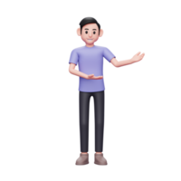 3D character illustration Happy casual man showing hand to copy space with both hands, presenting or introducing something. Advertisement or product presenting concept png