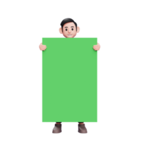 3d personaggio illustrazione casuale uomo sbirciando dietro a un' grande verde schermo solo il suo testa e mani può essere visto png