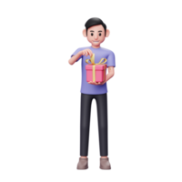 ilustração de personagem 3d masculino casual puxando fita abrindo presente de dia dos namorados, conceito de dia dos namorados 3d png