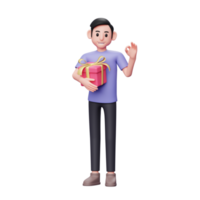 3D-Charakterillustration Lässiger Mann umarmt Valentinstagsgeschenk und zeigt ok-Zeichen auf seiner Hand
