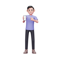 Illustration de personnage 3d homme décontracté pointant vers l'écran du téléphone de son smartphone png