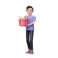 3D-Charakterillustration eines zufälligen Mannes, der ein rosa Geschenk trägt, während er geht, um den Valentinstag zu feiern png