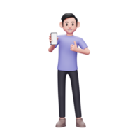 Homem casual de ilustração de personagem 3D segurando e recomendando algo na tela do telefone com um polegar para cima