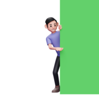 3d Character illustration Casual man peeping, showing something on a roll up green screen banner png