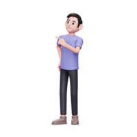 3D character illustration casual man pointing at something interesting, right choice pose png