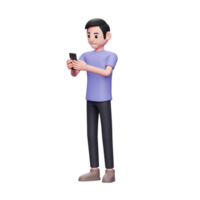 3d character illustration Happy casual Guy Typing Message on the Smartphone Isolated. Handsome Cheerful Man Using Phone png