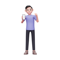 3d character illustration Casual man holding and showing phone screen with winning gesture getting good news png