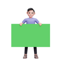 3d Character illustration Casual man standing and holding a big green banner in front of it png