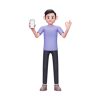 3D-Charakterillustration Lässiger Mann, der ein Handy mit leerem Bildschirm hält und einen OK-Finger zeigt