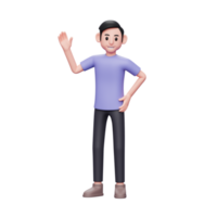 3D illustration of man waving hand and left hand on waist. Casual man saying hello png