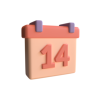 rendu 3d 14 février icône de calendrier de la saint-valentin avec des couleurs pastel, illustration du concept de la saint-valentin 3d png