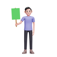 3D-Charakterillustration Lässiger Mann, der beiläufig mit der rechten Hand ein grünes Papierplakat hält