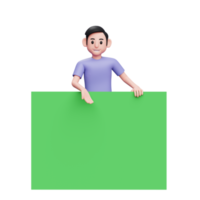 homem casual de ilustração de personagem 3d atrás da grande bandeira verde e mostrando algo com a mão direita png