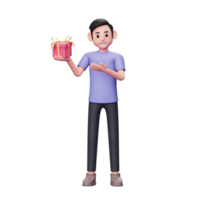 hombre casual de ilustración de personaje 3d que muestra un pequeño regalo de san valentín que está sosteniendo con su mano derecha png