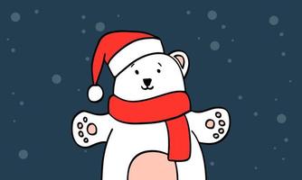 lindo oso polar desea feliz navidad y próspero año nuevo. un oso blanco dibujado a mano con un sombrero rojo de santa claus y una bufanda roja es lindo sonriendo y abrazándose. Ilustración de vector de tarjeta de vacaciones