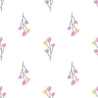 Floral seamless vector pattern with flowers. Spring flora. Simple hand-drawn kids style. Pretty ditsy for fabric, textile, wallpaper. Digital paper in white background