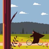 girl with hijab riding bicycle on countryside path vector