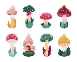 Hand drawn set of various mushrooms in grass, cute Fly Agaric in cartoon style. Isolated on white background. vector