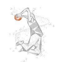 jugador de baloncesto abstracto mínimo en movimiento slam dunk. joven saltando sobre una cesta low poly wireframe digital vector ilustración imprimir deportes o conceptos. polígono, línea, punto de conexión