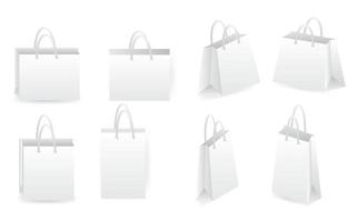 Set of blank shopping bags isolated on white background.Paper bag or packages mockups.Craft paper or cardboard with handles.Top, front and side views.3D realistic vector illustration.Template.