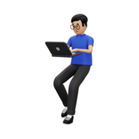 homem 3D no trabalho usando um laptop png
