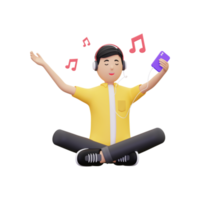 3d hombre escuchando música en su teléfono inteligente png