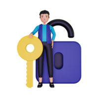 3d Sign in with the man holding the key illustration png