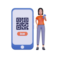 3d mujer escaneando código qr para ilustración de pagos png
