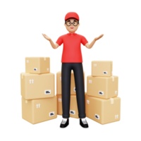 3d Deliveryman showing a pile of packages png