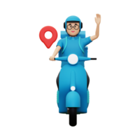 3d Delivery person waiving hand while riding scooter png