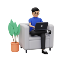 3d um homem está trabalhando em casa usando um laptop png