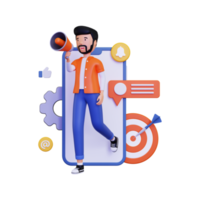 3d Mobile marketing with holding megaphone loudspeaker and dartboard png