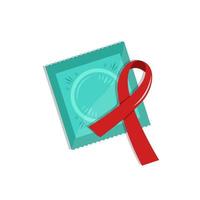 Vector condom in package with red ribbon. World Aids day reminder. Contraception concept