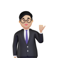 3d Businessman pointing with thumb to the side illustration png