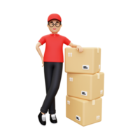 3d Deliveryman standing next to a pile of cardboard png