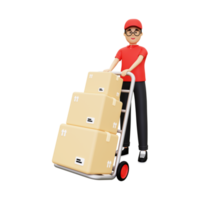 3d deliveryman tryckande paket vagn png