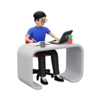 3D-Geschäftsmann, der am Laptop arbeitet