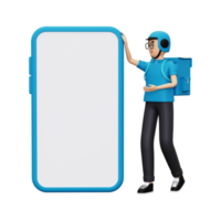 3d Delivery person standing with smartphone png