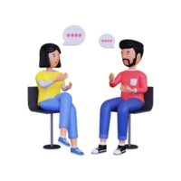 3d personajes masculinos y femeninos están teniendo una conversación mientras están sentados en una silla png