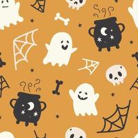 feliz halloween lindo vector de patrones sin fisuras con fantasma de dibujos animados. textura infantil creativa en estilo escandinavo. genial para tela, ilustración vectorial textil