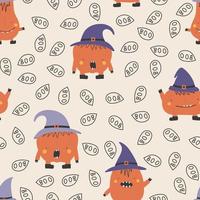 Holiday seamless pattern with funny characters pumpkins. Halloween vector illustration. Creative childish texture in scandinavian style. Great for fabric, textile.