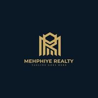 Abstract initial letter MR or RM logo in gold color isolated in blue navy background applied for real estate agency company logo also suitable for the brands or companies have initial name RM or MR. vector