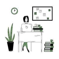 The girl works in the home office. Doodle vector illustration