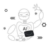 The robot sends an email. Artificial intelligence concept. vector