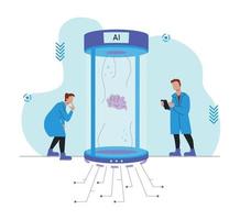 dos profesores masculinos miran el cerebro en la cápsula. concepto de inteligencia artificial. vector