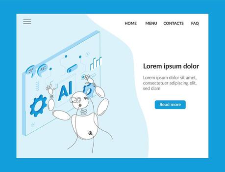 The robot analyzing big data using tablet screen. Artificial intelligence concept. Landing page for website. vector