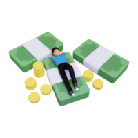 3d Man relaxing on pile of money png