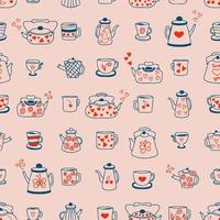 Romantic teapot, cups and mugs seamless pattern with hearts. vector